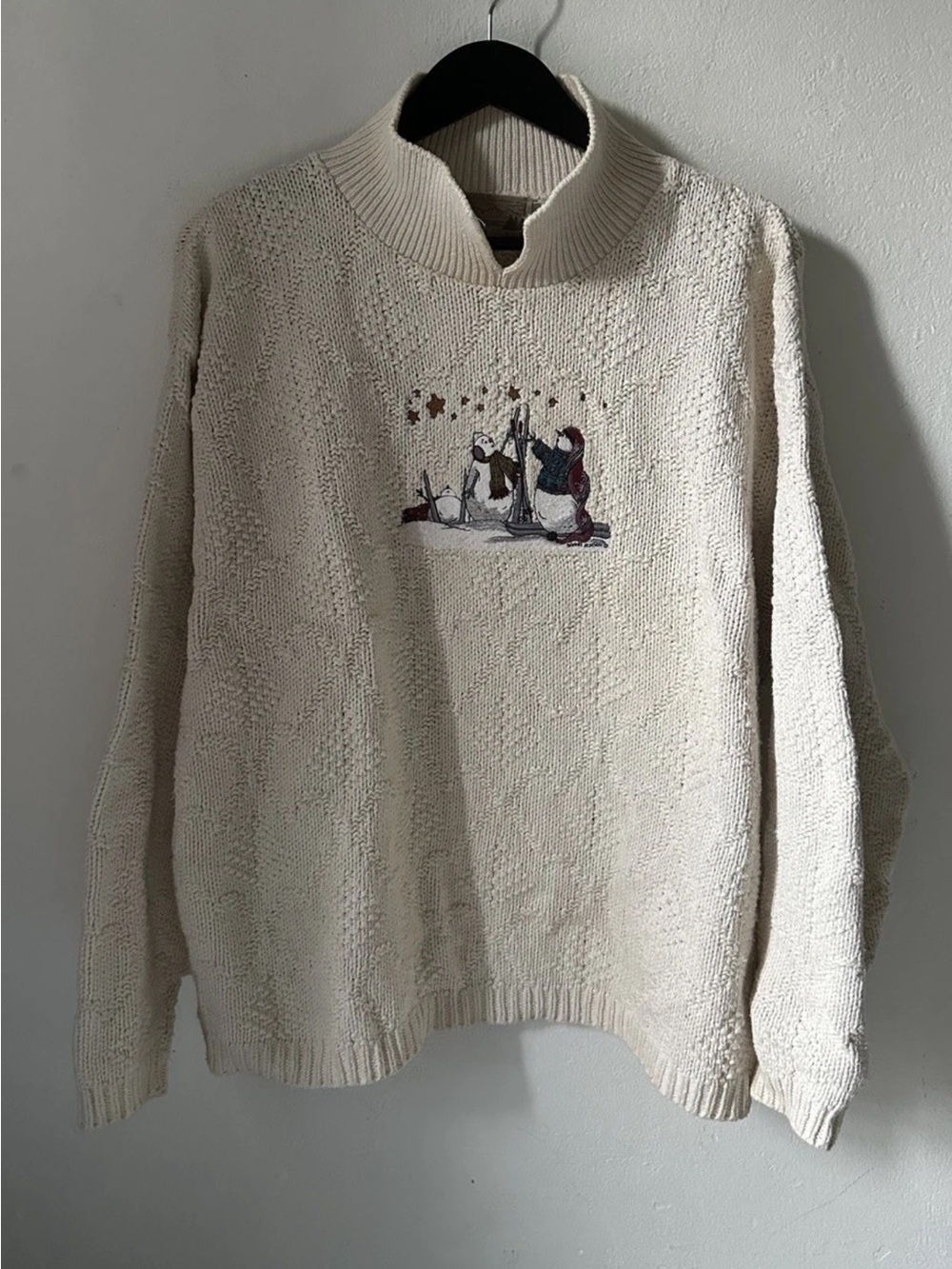 Shenandoah Womens L Snowman Sweater Made USA Cotton Mock Neck Winter Cottage